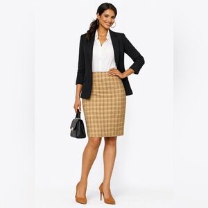 Liverpool Los Angeles Bia Knit Plaid Pencil Skirt Gold Tan   Nylon Spandex Sz 8